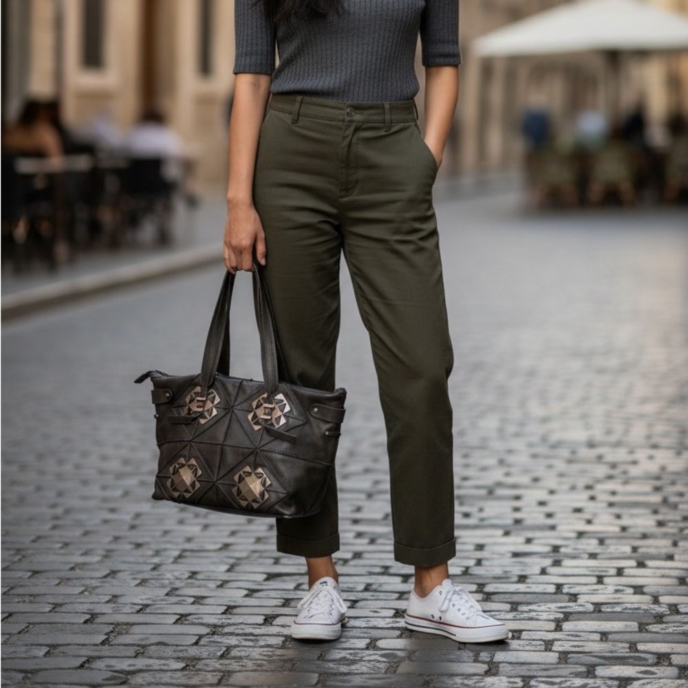Salvatore Ferragamo Vintage Black Tote with Geometric Metal Accents